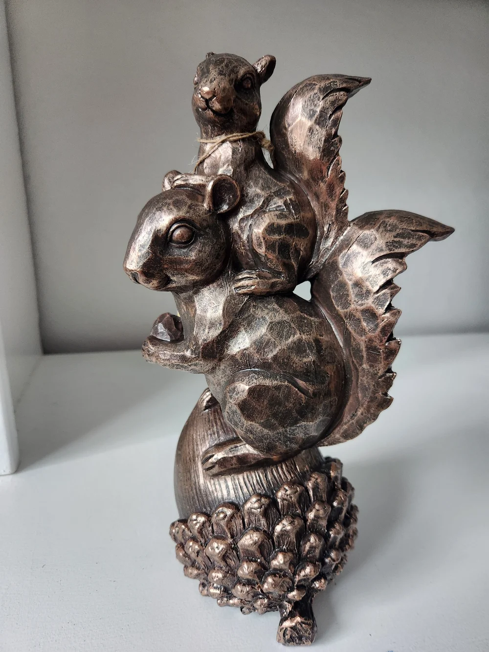 Bronze-Tone Twin Squirrel On Top Of Acorn Resin Figurine Decorative Accent 10 In